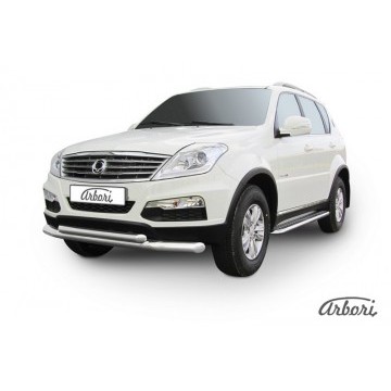 Защита переднего бампера d76+d57 двойная Arbori нерж. сталь для SsangYong REXTON 2013-2017